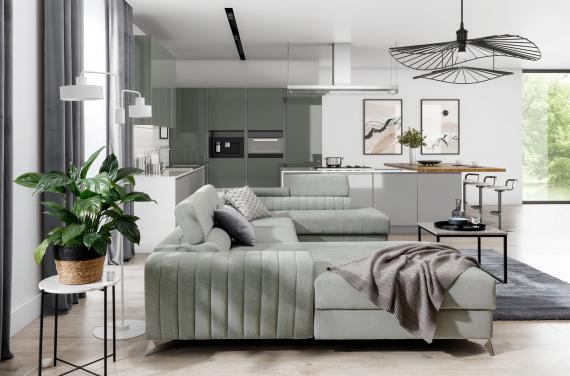 Photo Large U-shaped sofa with bed and storage, high legs, 354 cm x 202 cm, olive green lacquer