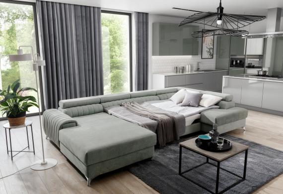 Photo Large U-shaped sofa with bed and storage, high legs, 354 cm x 202 cm, olive green lacquer