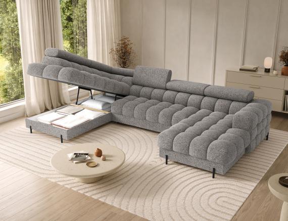 Photo Large sofa with bed | storage | U-shape | reclining headrests | high legs 355 cm x 202 cm Feraria Gray