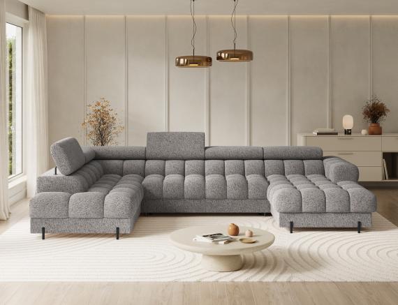 Photo Large sofa with bed | storage | U-shape | reclining headrests | high legs 355 cm x 202 cm Feraria Gray