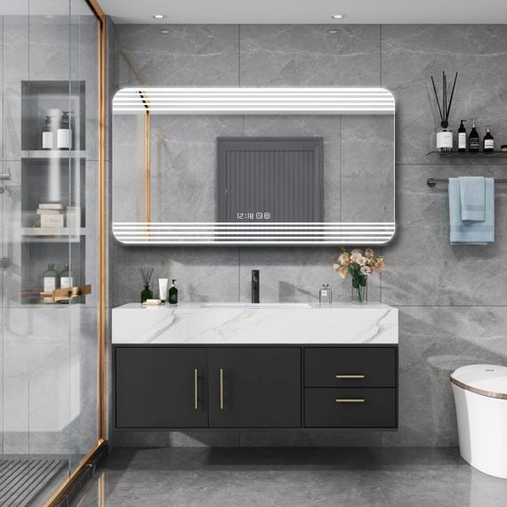 Foto Espejo de baño LED 90x50 cm con Bluetooth, antivaho y reloj digital – espejo retroiluminado táctil moderno