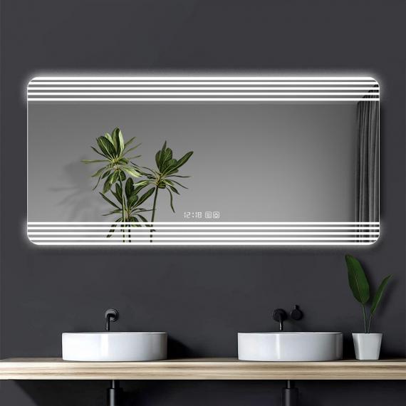 Foto Espejo de baño LED 90x50 cm con Bluetooth, antivaho y reloj digital – espejo retroiluminado táctil moderno