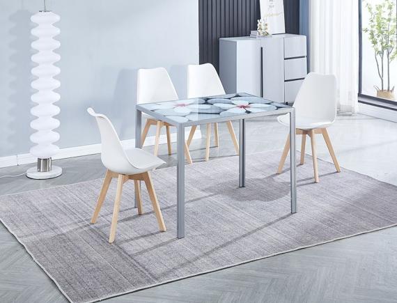 Foto CONJUNTO MESA FLORES FIJA + 4 SILLAS FINA BLANCAS