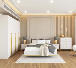 Conjunto de dormitorio moderno: cama+cabecero, 2 mesitas, cómoda, armario - KASZMIR