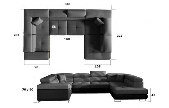 Foto SOFÁ CAMA CON ARCÓN FORMA DE U REPOSACABEZAS RECLINABLES 340 CM X 202 CM LETTO NEGRO OFERTA
