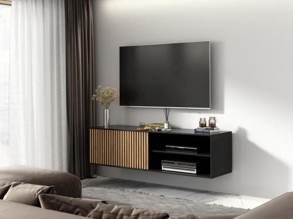 Photo TV cabinet | Television cabinet | Wall-mounted 150 cm - MEORATI, matte black-oak
