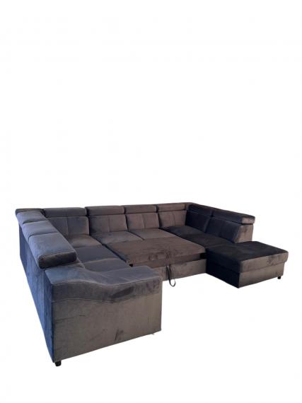 Photo U-shaped sofa - Angela. Pull-out bed and reclining headrests. 7 seats, Gray, 335x260