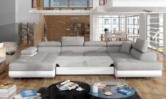 Foto SOFÁ CAMA CON ARCÓN FORMA DE U REPOSACABEZAS RECLINABLES 345 CM X 202 CM RODRIGO GRIS TELA/POLIPIEL BLANCO