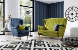 CONJUNTO DE SÁLON SOFÁ LINEAL 2 PLAZAS I PATAS ALTAS Y UN SILLON AROS VERDE OLIVA/AZUL PETRÓLEO