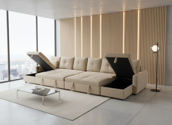 Photo Sofa 2 beds + 2 storage compartments + USB + Type-C + cup holders - 406cm x 130cm - COSTA U XXL
