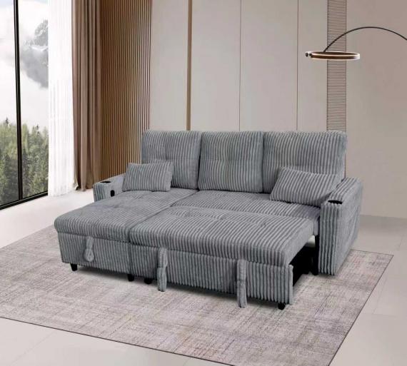 Foto SOFÁ CAMA CHAISE LONGUE REVERSIBLE 3 PLAZAS CON ARCÓN TELA DE PANA GRIS OSCURO – COSTA LUX