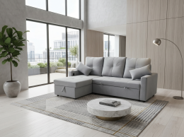 SOFÁ CAMA CHAISE LONGUE REVERSIBLE 3 PLAZAS CON ARCÓN DE TELA GRIS CLARO – COSTA LUX