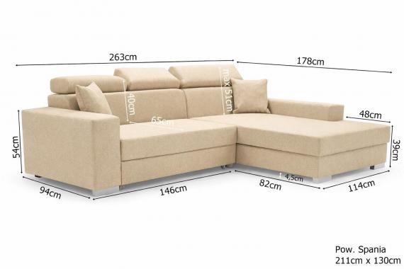 Photo Sofa bed with storage, reclining headrests, 263 cm x 178 cm, Mexico de Lux Beige