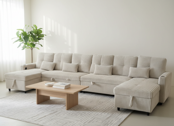 Photo U-Shaped Sofa Bed in Corduroy Fabric 400x135 cm with 2 Integrated Storage Compartments, Cup Holders, and USB Type-C Ports - Costa U LUX LIGHT GRAY