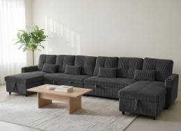 Sofá Cama en U de Tela de Pana 400x135 cm con 2 Arcones Portavasos Integrados USB Tipo-C - Costa U LUX GRIS OSCURO