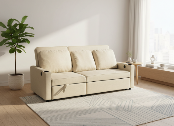 Foto Sofá Cama Lineal 3 Plazas USB Type-C y Portavasos 210cm COSTA R BEIGE
