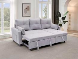 SOFÁ CAMA CHAISE LONGUE REVERSIBLE 3 PLAZAS CON ARCÓN DE TELA GRIS CLARO – COSTA LUX