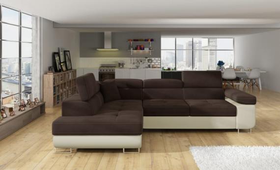 Photo Corner sofa bed with storage upholstered in fabric and synthetic leather - Anton, Fabric and faux leather, Brown + Beige, 272x203