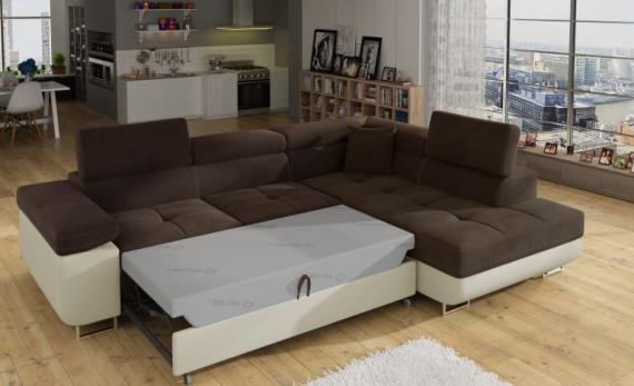 Photo Corner sofa bed with storage upholstered in fabric and synthetic leather - Anton, Fabric and faux leather, Brown + Beige, 272x203