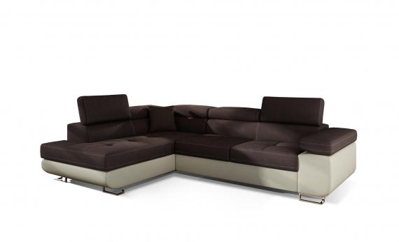 Photo Corner sofa bed with storage upholstered in fabric and synthetic leather - Anton, Fabric and faux leather, Brown + Beige, 272x203