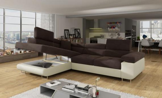 Photo Corner sofa bed with storage upholstered in fabric and synthetic leather - Anton, Fabric and faux leather, Brown + Beige, 272x203