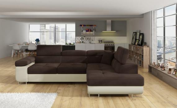 Photo Corner sofa bed with storage upholstered in fabric and synthetic leather - Anton, Fabric and faux leather, Brown + Beige, 272x203