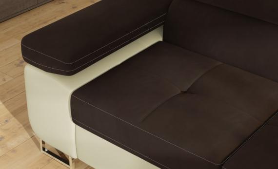 Photo Corner sofa bed with storage upholstered in fabric and synthetic leather - Anton, Fabric and faux leather, Brown + Beige, 272x203