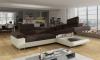 Photo Corner sofa bed with storage upholstered in fabric and synthetic leather - Anton, Fabric and faux leather, Brown + Beige, 272x203