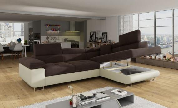 Photo Corner sofa bed with storage upholstered in fabric and synthetic leather - Anton, Fabric and faux leather, Brown + Beige, 272x203
