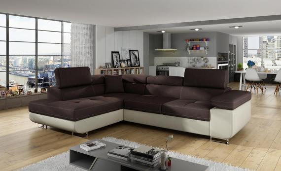 Photo Corner sofa bed with storage upholstered in fabric and synthetic leather - Anton, Fabric and faux leather, Brown + Beige, 272x203