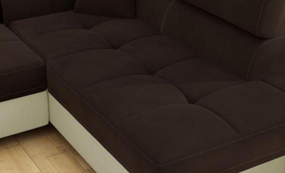 Photo Corner sofa bed with storage upholstered in fabric and synthetic leather - Anton, Fabric and faux leather, Brown + Beige, 272x203