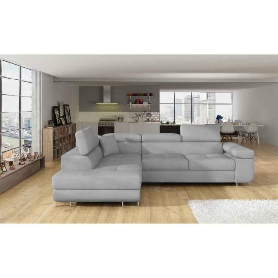 Photo Corner sofa bed with storage upholstered in fabric - Anton, Fabric, Light Gray, 272x203