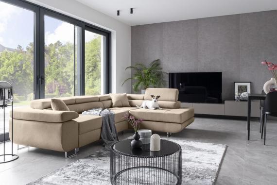 Photo Corner sofa bed with storage upholstered in fabric - Anton, Fabric, Light Gray, 272x203