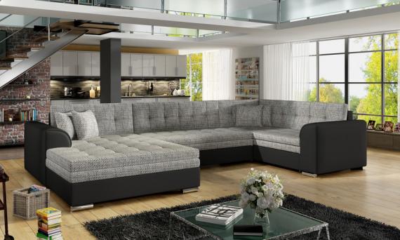 Photo Corner sofa bed - Damario, Gray fabric / Black faux leather, 340cm x 190cm