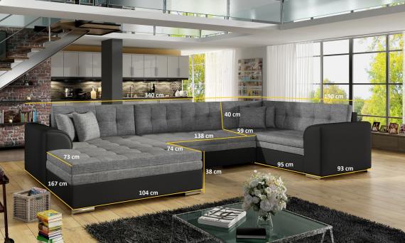 Photo Corner sofa bed - Damario, Gray fabric / Black faux leather, 340cm x 190cm