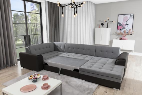 Photo Corner sofa bed - Damario, Gray fabric / Black faux leather, 340cm x 190cm