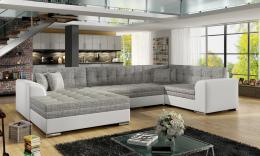 Corner sofa bed - Damario, Gray fabric / White faux leather, 340cm x 190cm