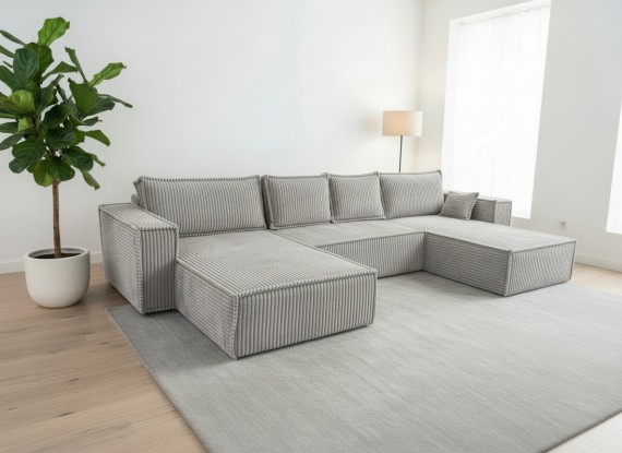 Photo U-shaped sofa bed - Light gray - corduroy fabric - 400x190 cm - AGATA U