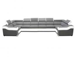 SOFÁ GRANDE 8 PLAZAS I FORMA DE U I REPOSACABEZAS RECLINABLES Y BRAZOS ANCHOS 440 CM X 190 CM EVA GRIS TELA/BLANCO POLIPIEL