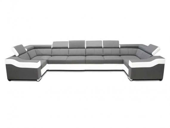 Foto SOFÁ GRANDE 8 PLAZAS I FORMA DE U I REPOSACABEZAS RECLINABLES Y BRAZOS ANCHOS 440 CM X 190 CM EVA GRIS TELA/BLANCO POLIPIEL