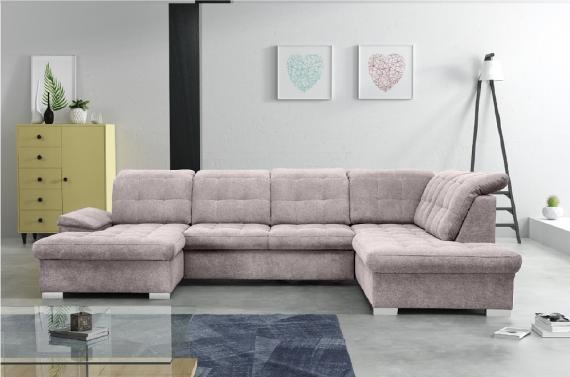 Photo U-shaped sofa with reclining headrests and pull-out bed – Nixon, Beige, 330x212x170