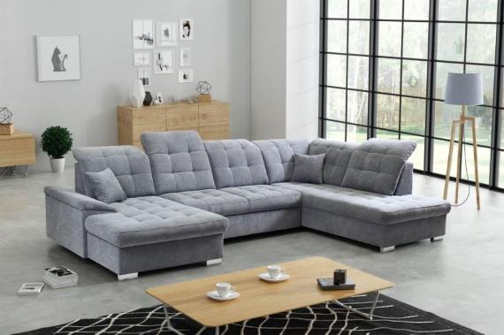 Photo U-shaped sofa with reclining headrests and pull-out bed – Nixon, Light Gray, 330x212x170