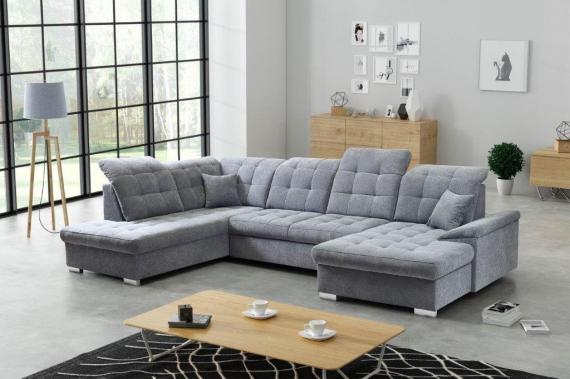 Photo U-shaped sofa with reclining headrests and pull-out bed – Nixon, Light Gray, 330x212x170