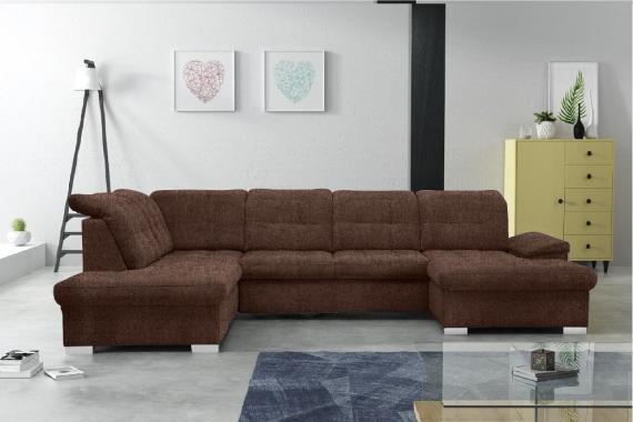 Photo U-shaped sofa with reclining headrests and pull-out bed – Nixon, Brown, 330x212x170
