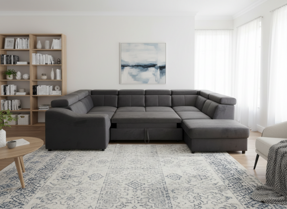Photo U-shaped sofa - Angela. Pull-out bed and reclining headrests. 7 seats, Gray, 335x260