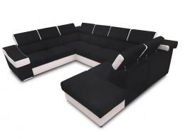 SOFÁ EN FORMA DE U I 7 PLAZAS I CAMA EXTRAIBLE I REPOSACABEZAS RECLINABLES I 335 CM X 260 CM ANGELA NEGRO TELA/BLANCO POLIPIEL