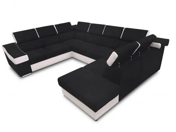 Photo U-shaped sofa - Angela. Pull-out bed and reclining headrests. 7 seats, Black / White, fabric / faux leather, 335x260