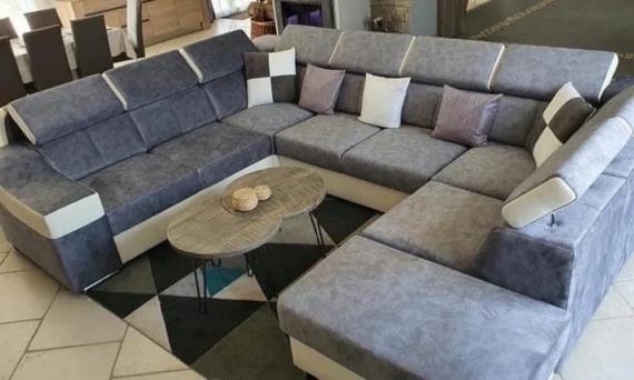 Photo U-shaped sofa - Angela. Pull-out bed and reclining headrests + box 7 seats, Light gray/Dark gray - fabric, 335x260