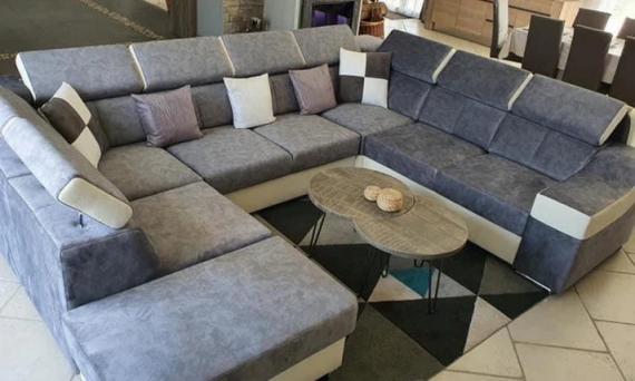 Photo U-shaped sofa - Angela. Pull-out bed and reclining headrests + box 7 seats, Light gray/Dark gray - fabric, 335x260