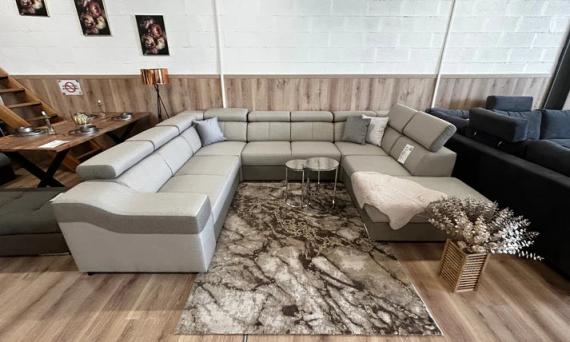 Photo U-shaped sofa - Angela. Pull-out bed and reclining headrests + drawer 7 seats, Beige / Brown, 335x260